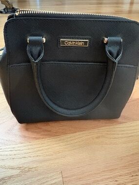 Calvin Klein Black Leather Mini Satchel with Gold Accents